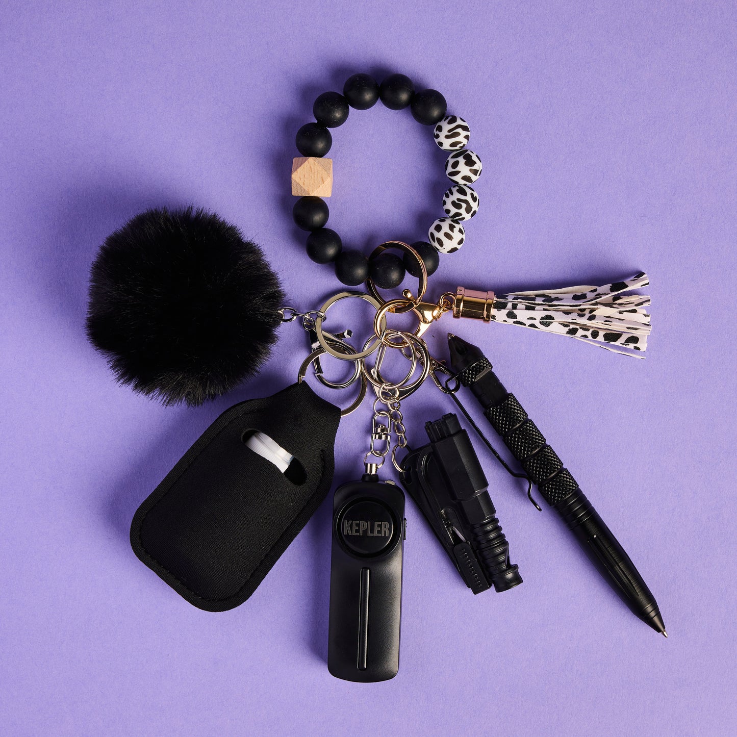 Safety Keychain I Black Cow Print Beaded