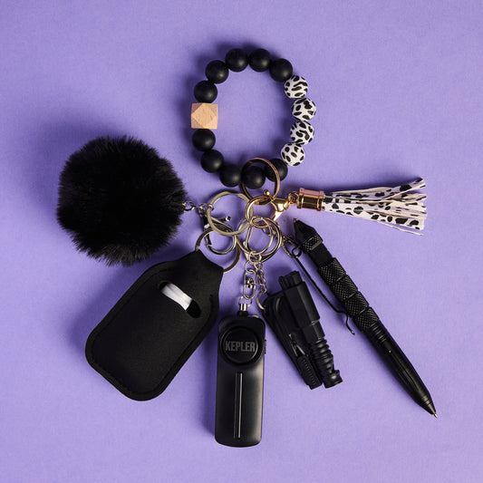 Safety Keychain I Black Cow Print Beaded