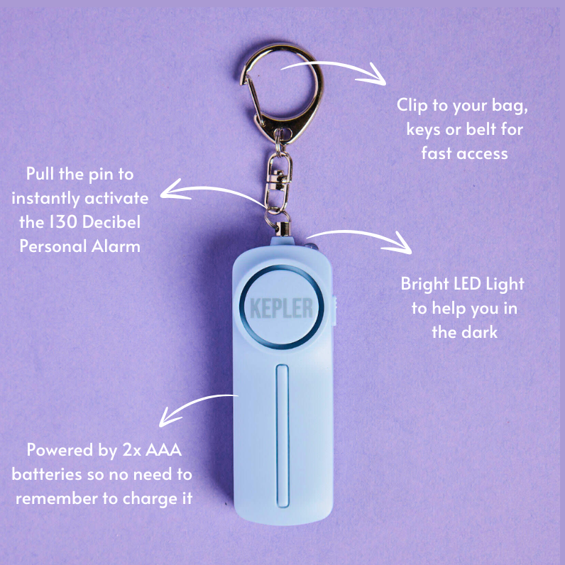 KEPLER personal alarm keychain with features highlighted on a purple background