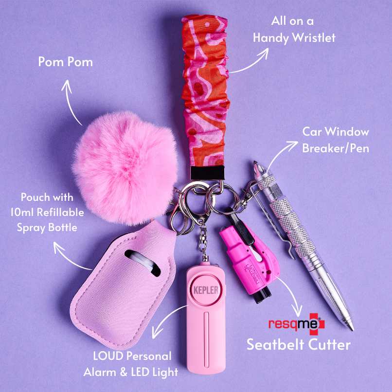 Safety Keychain set with pom-pom, pouch, spray bottle, alarm, pen, car window breaker, and seatbelt cutter 