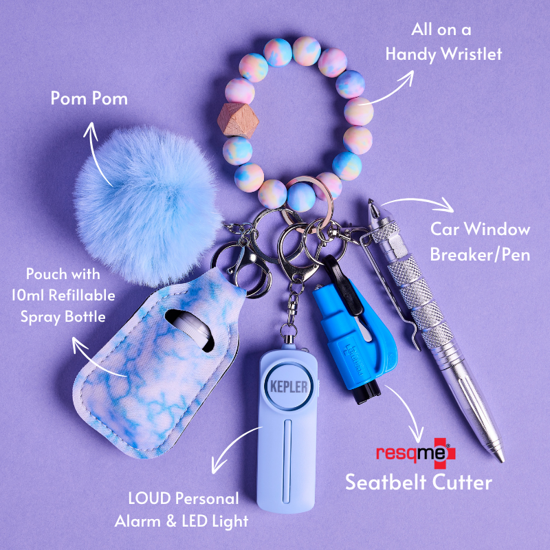 Keychain with various safety tools on a purple background