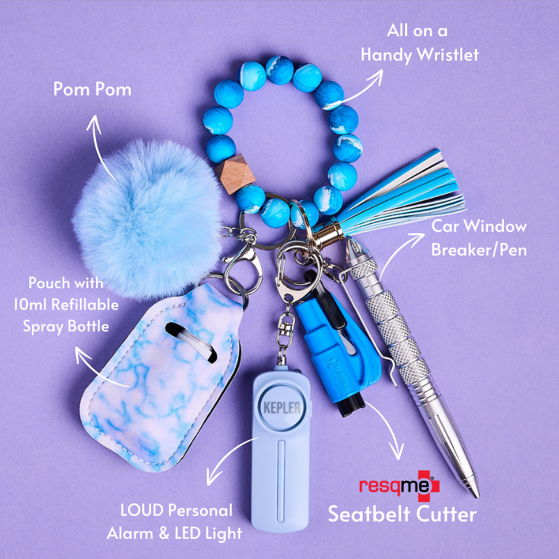 Blue safety Keychain with various safety tools on a purple background