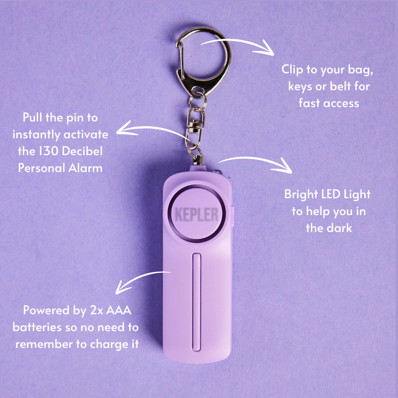 Purple personal alarm keychain with features highlighted on a purple background