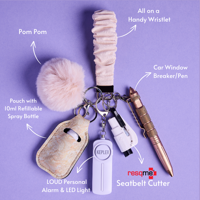 Tan safety Keychain set with various safety tools and accessories on a purple background
