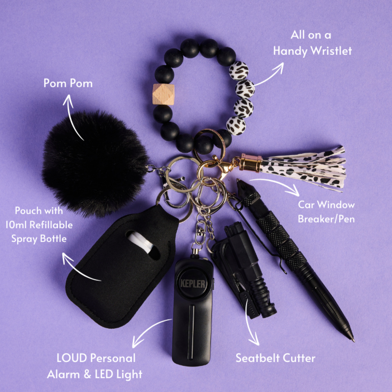 Safety Keychain I Black Cow Print Beaded